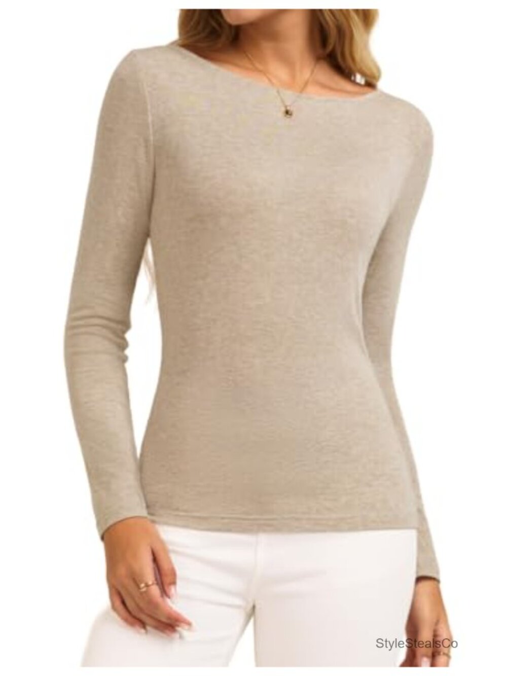 Women's Wool Blend Long Sleeve Boat Neck Top, Base Layer, Stretchy Pullover